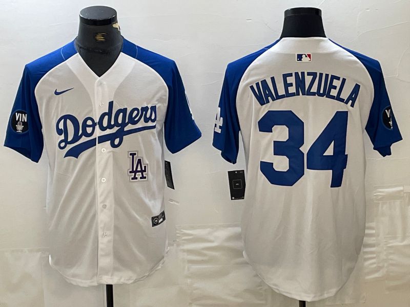 Men Los Angeles Dodgers 34 Valenzuela White blue Fashion Nike Game MLB Jersey style 5